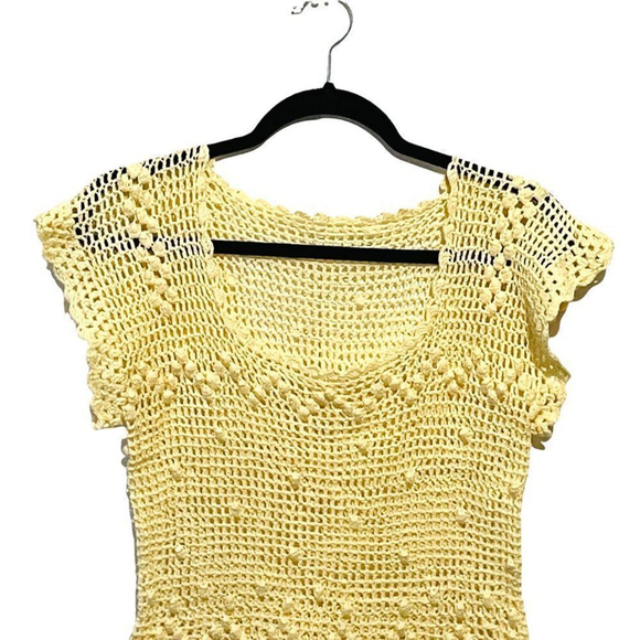HANDMADE Hand Crafted Crochet Pale Yellow Hand Knitted Y2K Short Sleeve Top - Picture 4 of 8